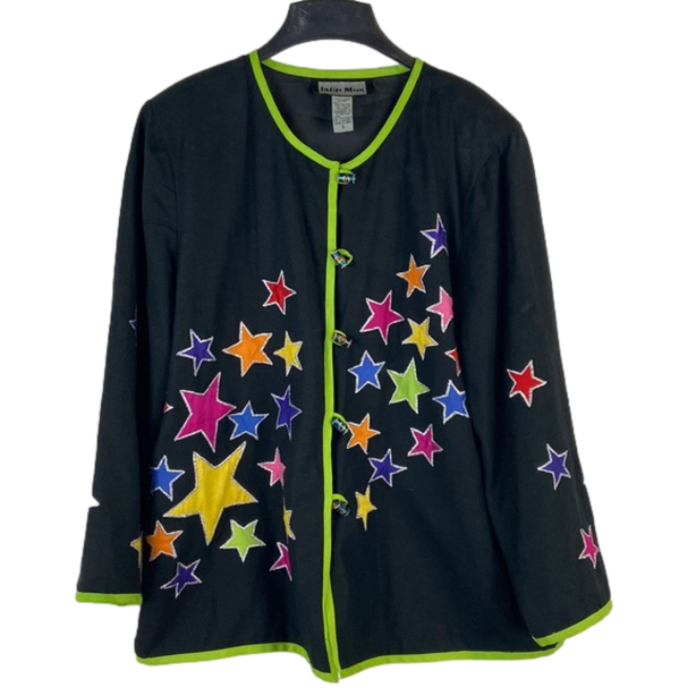 Indigo Moon Black Jacket Lime Green Trim & Appliqué Stars Magic Vintage Large